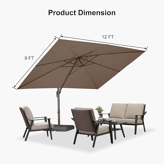 PURPLE LEAF 9' X 11.5' Rectangle Cantilever Umbrella Patio Umbrella Antique Bronze Outdoor Aluminum Offset Hanging Umbrella with 360-degree Rotation for Pool Garden Backyard Deck, Taupe