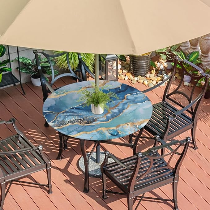 OSAM SPACE Outdoor Tablecloth with Umbrella Hole, Round Elastic Fitted Table Cloth with Invisible Zipper,Abstract Liquid Teal Blue Marble Picnic Patio Table Cover 36-44in