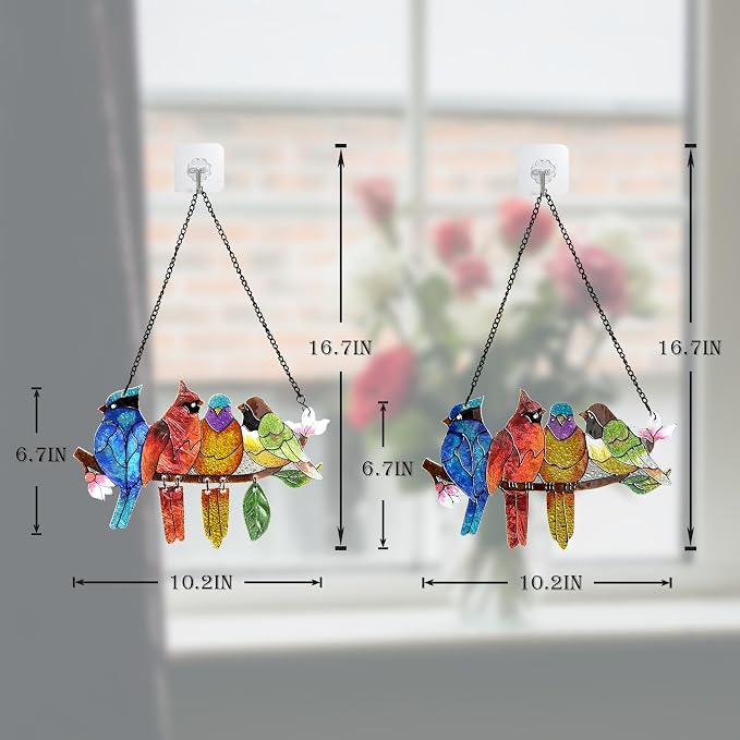 DASTOLL 2 Pack Stained Glass Window Hanging - Hummingbird Decorations Suncatcher Hand-Painted Double Sided Birds on A Branch Sun Catcher for Window Home Decor Gifts for Mom,Bird Lovers