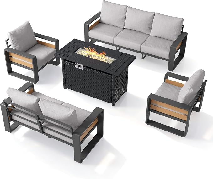 Aoxun Aluminum Patio Furniture Set with Fire Pit Table, 7 Seats Luxury Outdoor Sectional with 6" Olefin Fabric Cushions, Patio Conversation Sets with Waterproof Cover for Backyard, Porch Light Grey