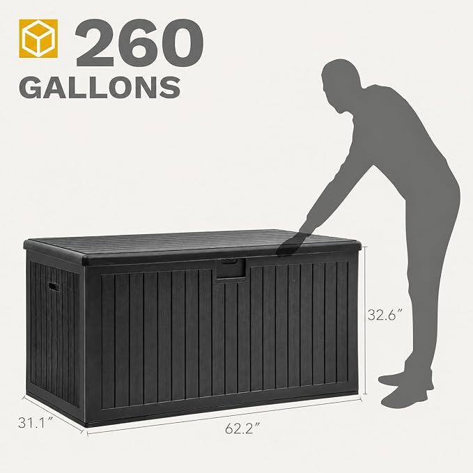 DWVO 260 Gallon Resin Outdoor Storage Box, XXL Double-Wall Waterproof Deck Box with Divider, Doubles as Table or Seating with 1000 lbs Capacity, Lockable (Black)