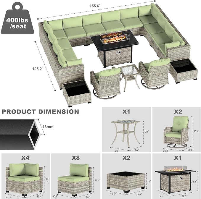 18-Piece Patio Furniture Set, Outdoor Patio Furniture with 55,000 BTU Fire Pit Table, Swivel Chairs Set, Thick Cushions, Modular Patio Sofa, Dual-Strand Wicker Rattan, Rust-Resistant Frame,Light Green