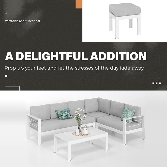 Solaste Aluminum Patio Furniture Set, Metal Patio Sectional Sofa with Imitation Wood Tabletop Coffee Table, Modern Outdoor Furniture Couch with Water-Resistant Cushion for Balcony Backyard, White