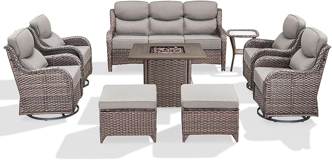 Luxury Patio Furniture Set with 6-inch Thick Cushion, Outdoor Furniture with Fire Pit Table, Swivel Chairs, Sofa, Side Table, Ottomans, 9pcs Wicker Conversation Set(Brown Wicker | Grey Cushion)