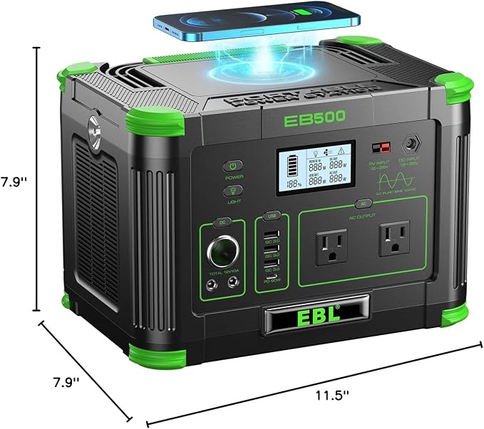 EBL Portable Power Station 500w(Peak 1000W), Camping Solar 519.48Wh Outdoor Solar Generator Backup Battery Pack with 2x120V AC Outlets, 10-Port Powerhouse for Outdoor and Indoor Emergency Use