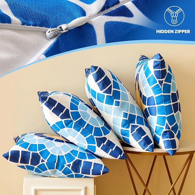 CARRIE HOME Blue Summer Outdoor Pillow Covers Waterproof 18x18 Set of 4, Summer Themed Party Decorations Swimming Pool Chair Pillow 18 x 18, Fade Resistant Waterproof Outdoor Pillows for Patio Porch
