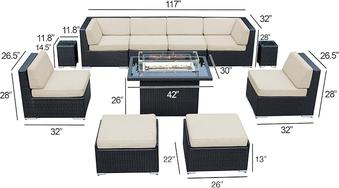11 Piece Ohana Outdoor Patio Furniture Black Wicker Conversation Set with Fully Assembled Sectional and 42-inch Propane Gas Fire Table