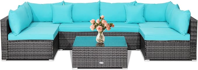 Tangkula 7 Pieces Wicker Patio Furniture Set, All-Weather Outdoor Rattan Sectional Sofa Set with Cushions & Tempered Glass Coffee Table, Outside Sofa Set for Garden, Lawn, Deck, Backyard (Turquoise)
