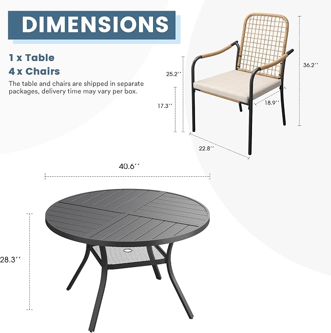 DIFY 5 Pieces Outdoor Dining Set, Metal Patio Table and Chairs Set for 4, 40.6" Round Dining Table with Umbrella Hole & Wicker Stackable Patio Chairs with Cushions, Black Tabletop