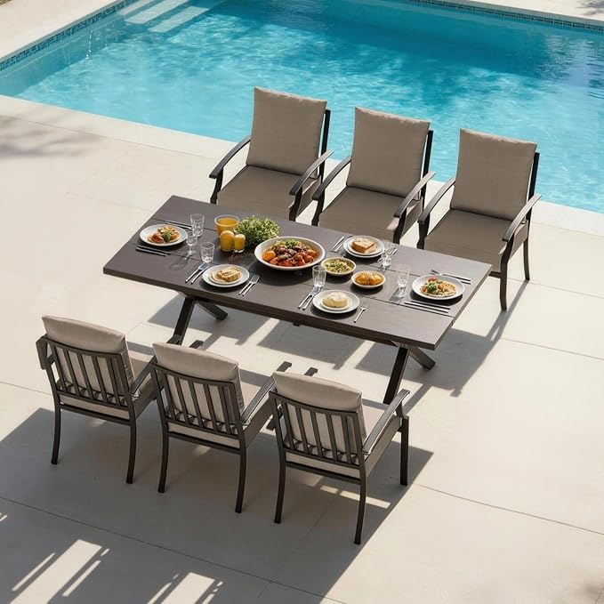 7 PCS Outdoor Patio Dining Set,Patio Table and Chairs Metal Outdoor Patio Furniture Set with Umbrella Hole,Dining Table Set with 6 Chairs for Deck,Backyard and Garden,Brown