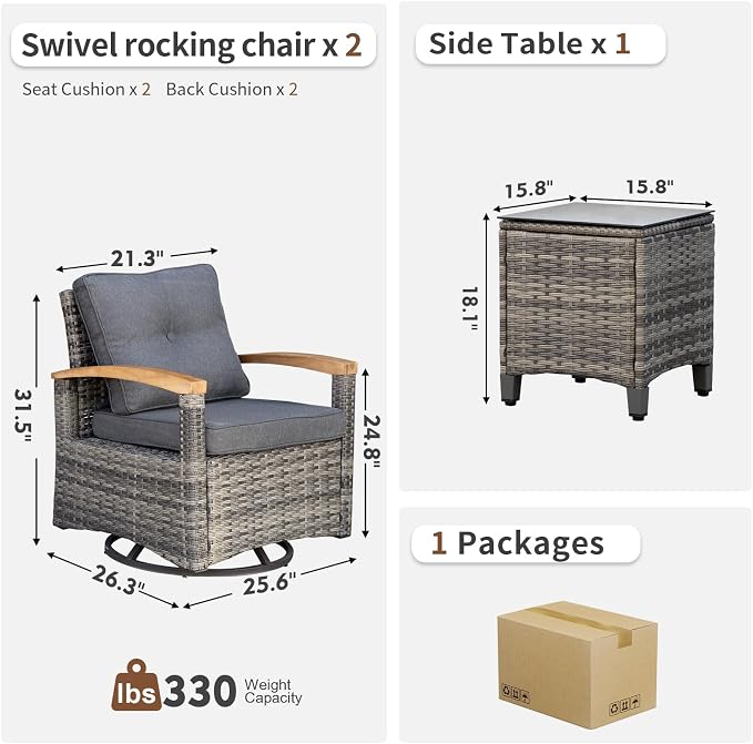 MEISSALIVVE 3 Piece Outdoor Swivel Rocking Chairs, Patio Furniture Bistro Set with 360° Wood Armrests Swivel Glide Chairs and Side Table for Deck Yard and Poolside (Grey)