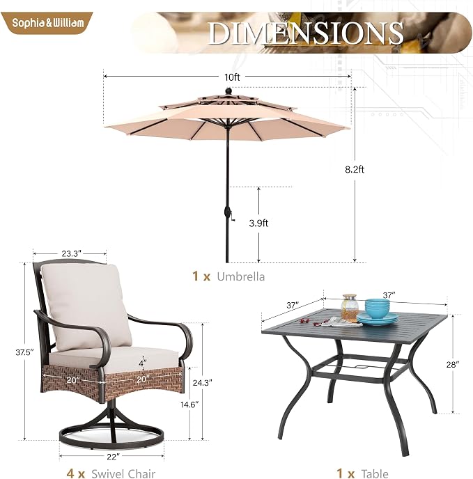 Sophia & William Patio Dining Set with 10ft 3 Tier Auto-tilt Beige Umbrella, 6 Piece Outdoor Table and Chairs with 4 Padded Swivel Rocker Dining Chairs, 1 Square Metal Table and 1 Umbrella