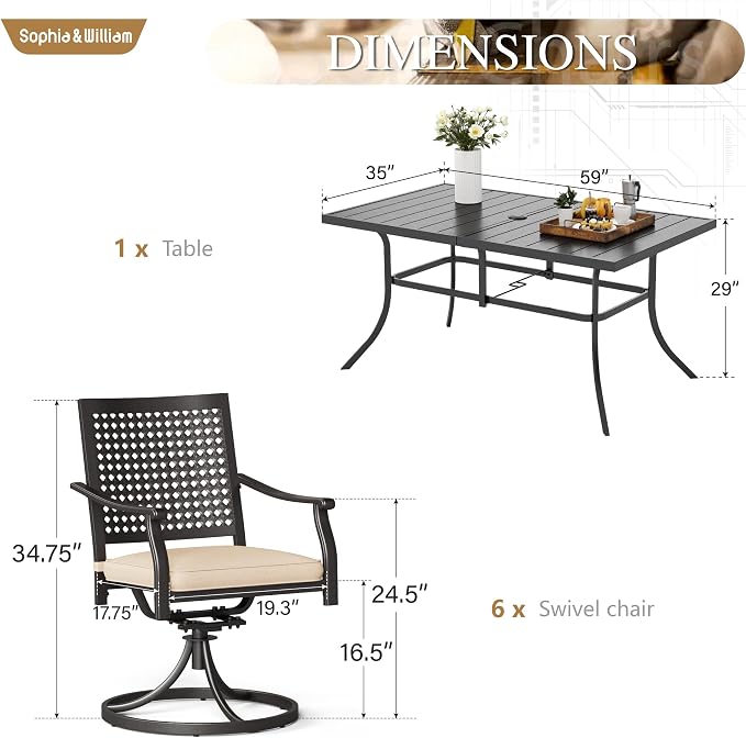 Sophia & William Outdoor Patio Dining Set 7 Piece with 6 Swivel Dining Metal Chairs and 1 Rectangular Dining Table (1.9" Umbrella Hole) Outdoor Table Furniture Set for Garden Deck Backyard, Black