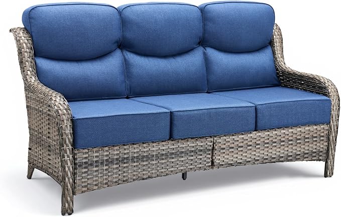 Luxury Outdoor Patio Furniture Set-Wicker High Backrest 3-Seat Patio Sofa with Comfy 6" Cushion, Rattan Couch with Deep Seat All-Weather Patio Conversation Set for Deck Backyard Garden(Grey/Blue)