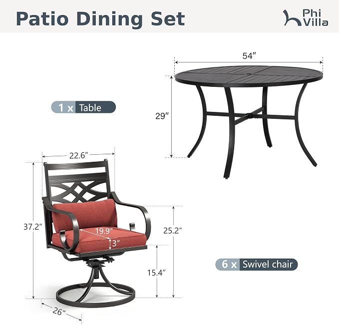 PHI VILLA Patio Dining Set, Swivel Chairs, 54" Round Metal Table | Metal chairs, Red, Umbrella Hole, Cushions, E-coated
