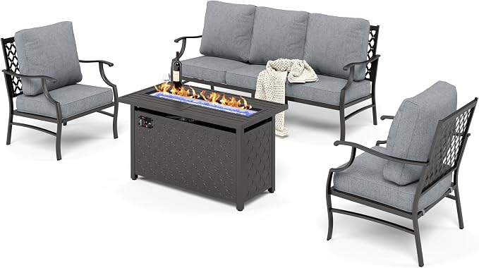 HERA'S HOUSE 4 Pieces Patio Fire Pit Furniture Set, 2 x Single Chair, 3-Seat Sofa with 45" Fire Pit Table, Outdoor Conversation Set for Garden Poolside Backyard, Grey