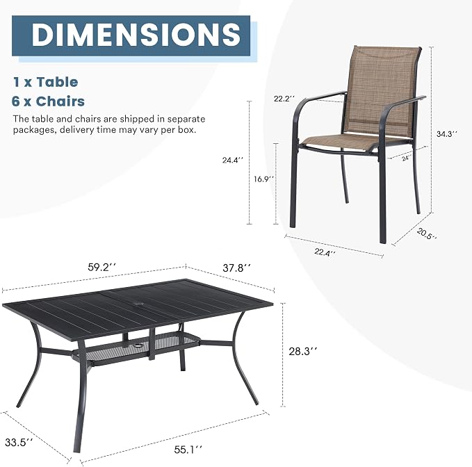 DIFY 7 Pieces Outdoor Patio Dining Set for 6, 59.2" Black Rectangle Metal Dining Table and 6 Brown Stackable Textilene Patio Chairs, Outdoor Table and Chairs for Backyard Garden Poolside