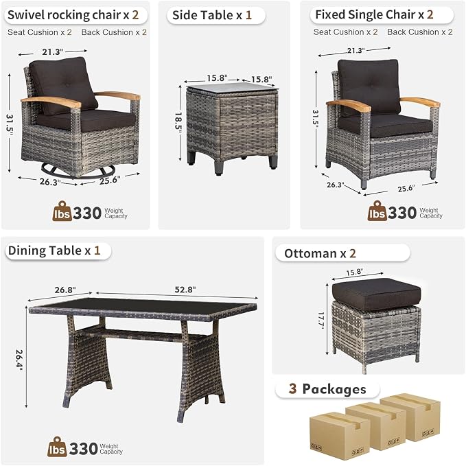 MEISSALIVVE 8 Pieces Patio Furniture Sets, PE Wicker Outdoor Conversation Sets with 2 Wood Armrests Swivel Rocker Chairs, 2 Fixed Single Chairs, 2 Ottomans and Dining Table(Black)