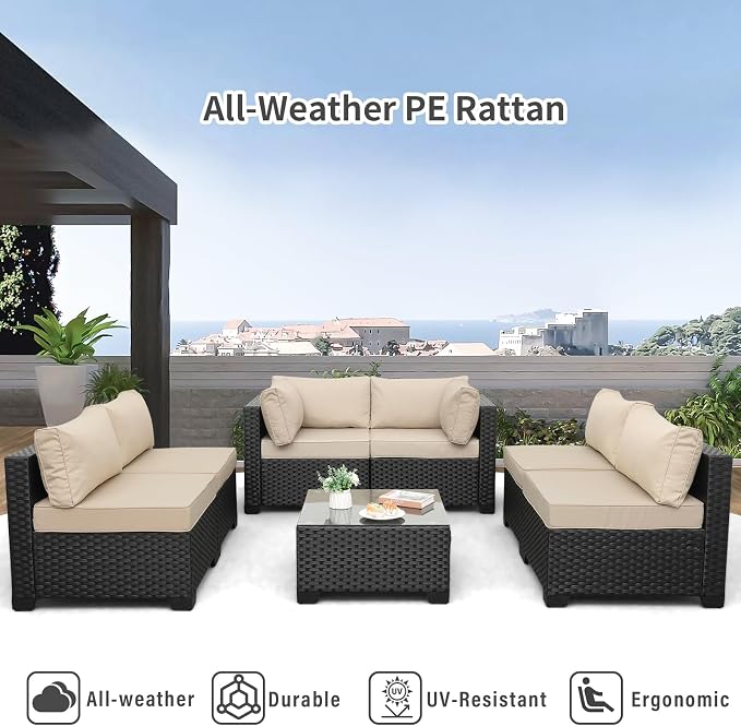 Valita 7 Pieces Outdoor Wicker Furniture Conversation Set Patio Sectional Sofa Set Glass Table with Non-Slip Cushions Furniture Cover, Khaki