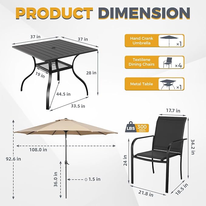 Crownland 5 Piece Patio Dining Set, Textilene Dining Sets, 4 Textilene Metal Chairs and Square Outdoor Dining Table with Khaki 9FT Round Outdoor Umbrella (Black)