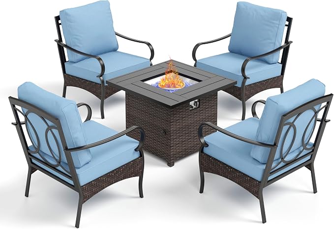 Patio Furniture Set with 32" Fire Pit Table,Patio Conversation Sets 4 Fixed Chairs with Thick Cushion and 50000 BTU Fire Pit Table (5 Pieces,Blue