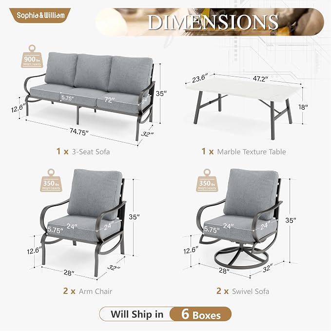 Sophia & William Patio Furniture Sets for 7 Outdoor Conversation Set 6 Pcs with 4 x Armrest Cushioned Sofa Chairs, 1 x 3-Seat Sofa, 1 Marbling Metal Coffee Table Garden Backyard Poolside Grey