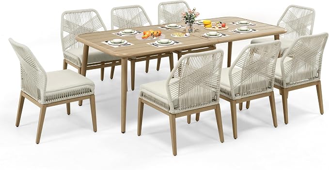 HAPPATIO Outdoor Dining Sets for 8, 9-Piece Patio Table and Chairs Set, Rope Woven Chairs with Cushions, Wood-Grain Aluminum Frame Patio Dining Set for Outside, Lawn, Garden, Backyard