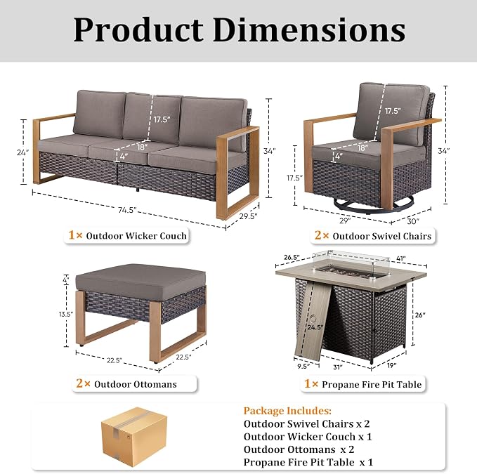 Patio Furniture Set with Fire Pit Table, 6-Piece Outdoor Wicker Sofa and Swivel Chairs, All-Weather Conversation Set for Backyard, Deck and Poolside Grey