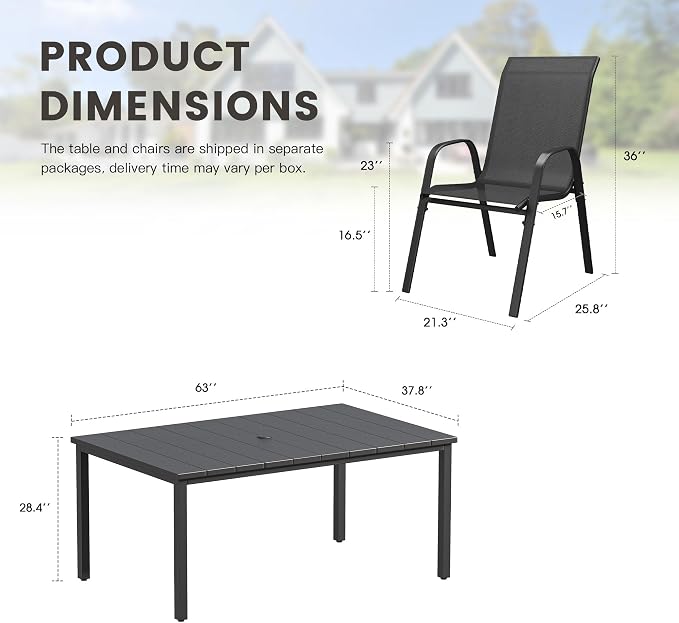 7 Pieces Outdoor Dining Set, 63" Rectangular Table with Umbrella Hole & Stackable Patio Dining Chairs, Patio Table and Chairs Set for Deck Garden Porch, Black Chairs & Black Table