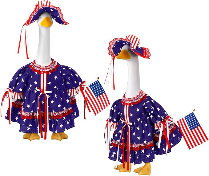 Outus 4th of July Porch Goose Outfit Includes Independence Day Dresses Clothes Hat and American Flag 23 Inch Patriotic Goose Porch Clothing for 4th of July 250th Anniversary Garden Yard Decoration