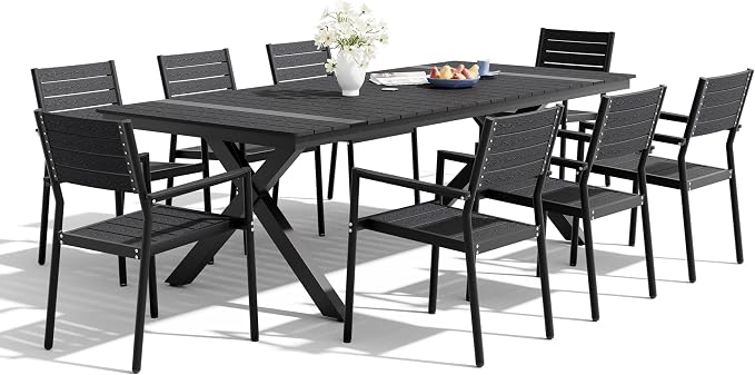 Pellebant Outdoor Dining Set for 8, 9 Pieces Aluminum Patio Table and Stackable Armrest Chairs with Umbrella Hole & Wood-Like Top, Black
