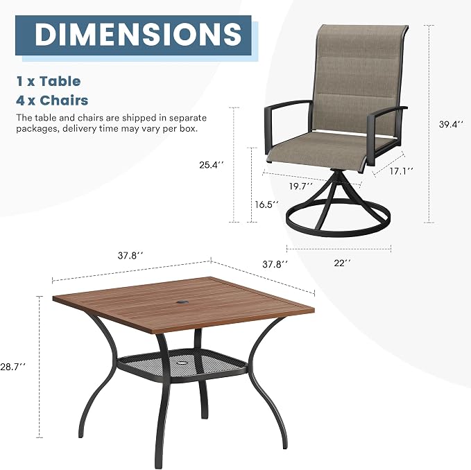 DIFY 5 Piece Outdoor Patio Dining Set for 4, 37.8" Walnut Square Metal Dining Table and Swivel Patio Chairs with Brown Padded Textilene, All-Weather Outdoor Furniture Set for Garden Backyard Porch