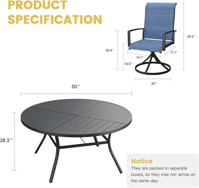 VICLLAX Patio Dining Set for 6, 6 Seats Outdoor Furniture Includes 50.1" Round Patio Table and Swivel Padded Chairs, Black Tabletop and Blue Fabric