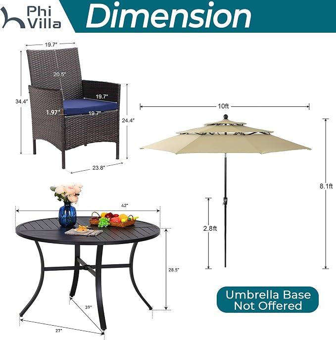 PHI VILLA 5pc Patio Dining Set with Umbrella, Round Table, Rattan Chairs | Outdoor Dining Set for 4, 42" Metal Table & 4 Cushioned Rattan Chairs with Beige Umbrella for Outdoor, Deck, Yard, Porch