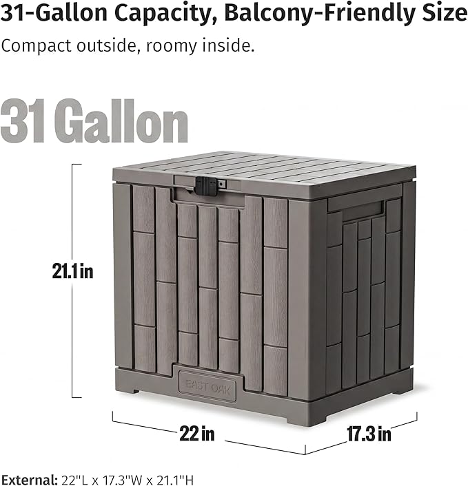 EAST OAK Outdoor Storage Box, 31 Gallon Deck Box, Waterproof Resin Storage Bin for Patio Cushions, Gardening Tools, Accessories, Lockable, UV Resistant, Brown