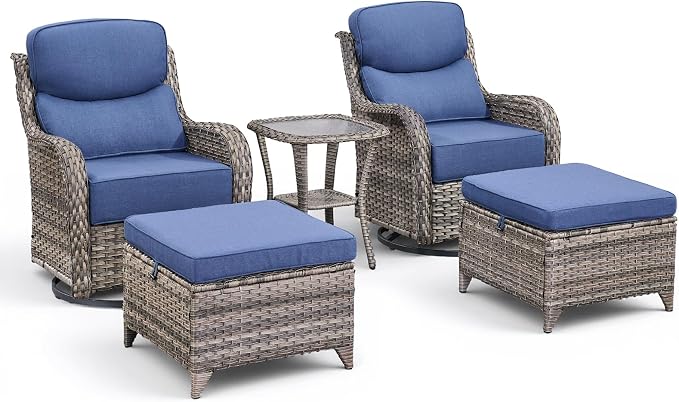 Luxury 5 Pieces Outdoor Patio Furniture Set-All Weather Wicker Outdoor Furniture with Swivel Rocker Patio Chairs 6-inch Extra Thick Cushions Wicker Conversation Set for Garden Porch(Grey/Blue)