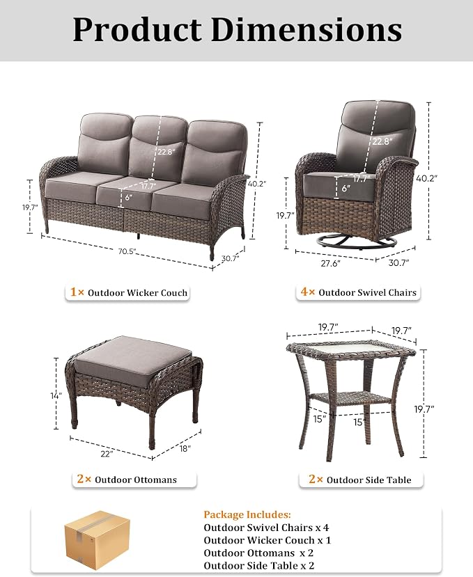 9-Piece Luxury Patio Furniture Set with 6-Inch Thick Cushions, High-Back Outdoor 4 Swivel Rocking Chairs with Wicker Side Table, All-Weather Conversation Set for Porch, Deck, Yard or Poolside – Gray