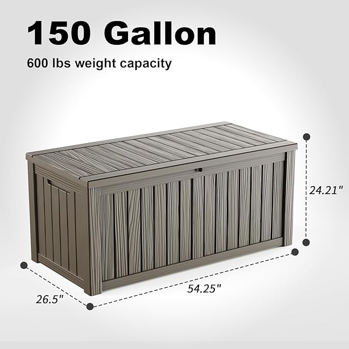 Outdoor Waterproof Resin Storage Deck Box Lockable Outside Bench UV Resistant Bin Patio Porch Furniture Pool Float Garden Tool Cushion (Grey, 150 Gallon)