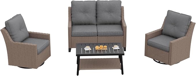 NestNook 4 Piece Patio Furniture Set, Outdoor Swivel Glider Chairs Set of 2 with Loveseat and Coffee Table Wicker Patio Conversation Set for Backyard Balcony & Poolside(Dark Grey)