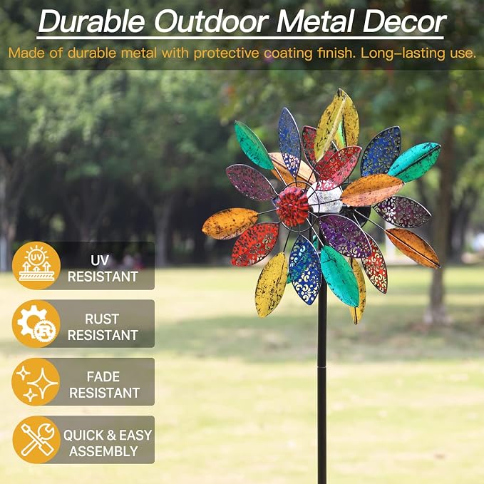 Solar Garden Wind Spinners with Light, Metal Yard Wind Spinners with Stake for Outdoor Lawn Decor (20" W x 77" H)