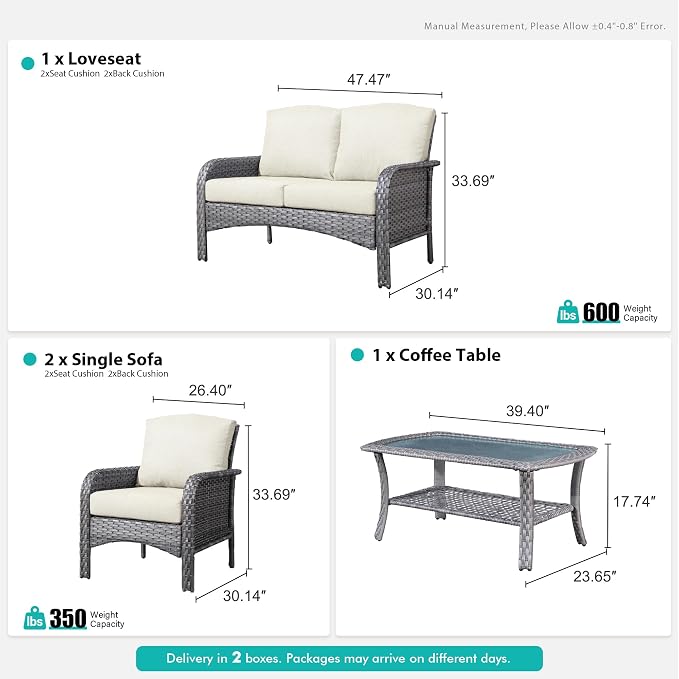 4 Pieces Wicker Patio Furniture - All-Weather PE Wicker Outdoor Conversation Bistro Set Loveseat Chairs with Table,Outdoor Rattan Sofa Chair High Back Deep Seating,Beige