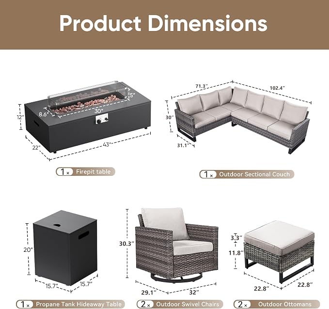 HUMMUH 9 Piece Patio Furniture Set,Outdoor Sectional Sofa Couch & Swivel Rocker Chairs,Propane Firepit with Hidden Fuel Tank,Outdoor Conversation Set for Porch,Garden,Backyard