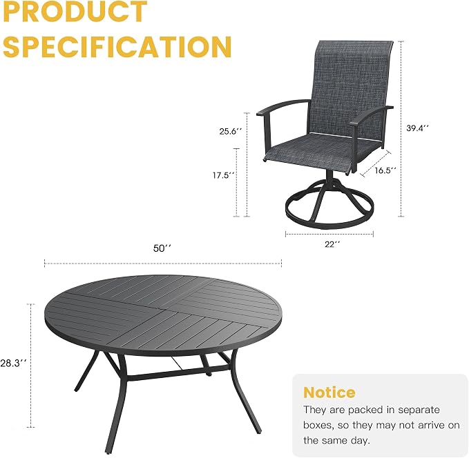VICLLAX Outdoor Table and Chairs Set of 6, Metal Patio Dining Set-50.1" Round Dining Table and 6 Swivel Chairs for Deck, Lawn and Garden, Black Table and Chairs