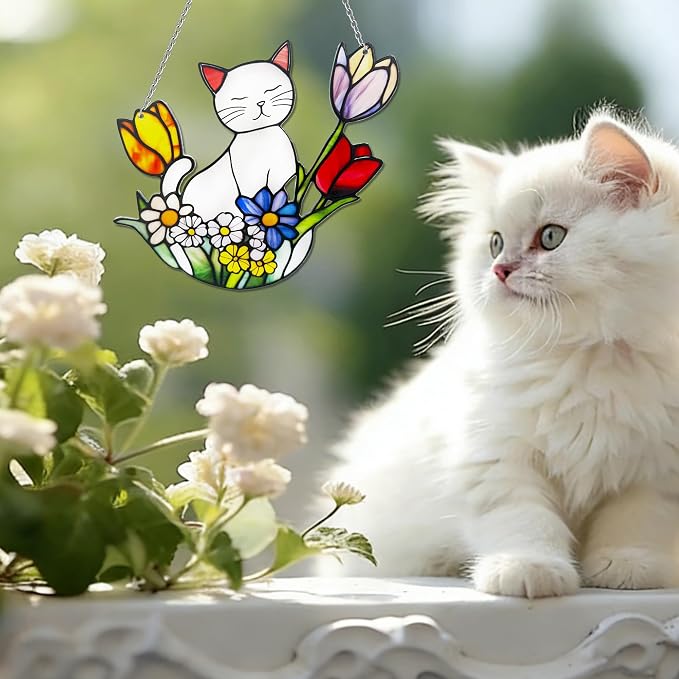Cat Stained Glass Suncatcher Window, Hanging Sun Catchers Indoor Window, Suncatcher for Nana/Mom/Women (White Cat)