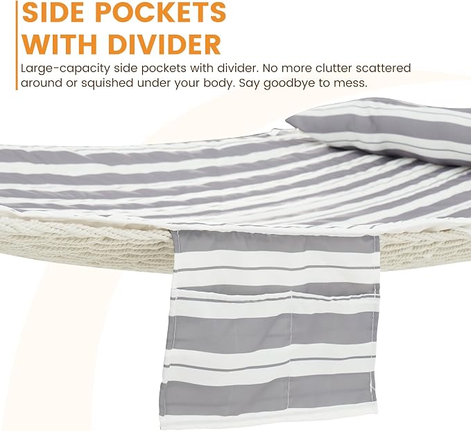 Lazy Daze Hammocks Rope Hammock with Pad, Spreader Bar, Carabiners, Tree Straps, Chains for Outside Patio- Max 450 Lbs, Light Grey Stripes