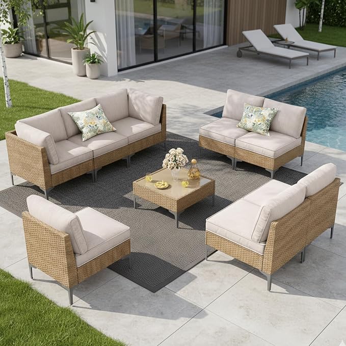 9 Piece Patio Furniture Set, Wicker Modular Outdoor Furniture with Thicker Cushions, Outdoor Couch Sofa for Garden, Poolside, Backyard, Beige