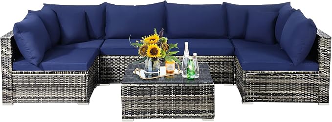 Tangkula 7 Pieces Wicker Patio Furniture Set, All-Weather Outdoor Rattan Sectional Sofa Set with Cushions & Tempered Glass Coffee Table, Outside Sofa Set for Garden, Lawn, Deck, Backyard (Navy)