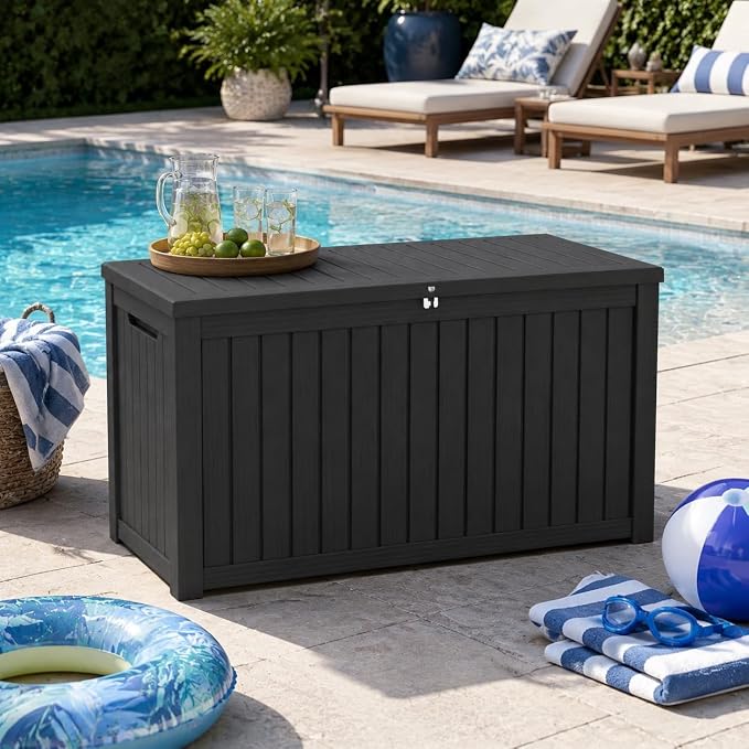 180 Gallon Large Outdoor Storage XXL Deck Box for Patio Furniture, Outdoor Cushions, Garden Tools and Sports/Pools Equipment, Waterproof Resin, Lockable, Black (Black + Plastic-2)