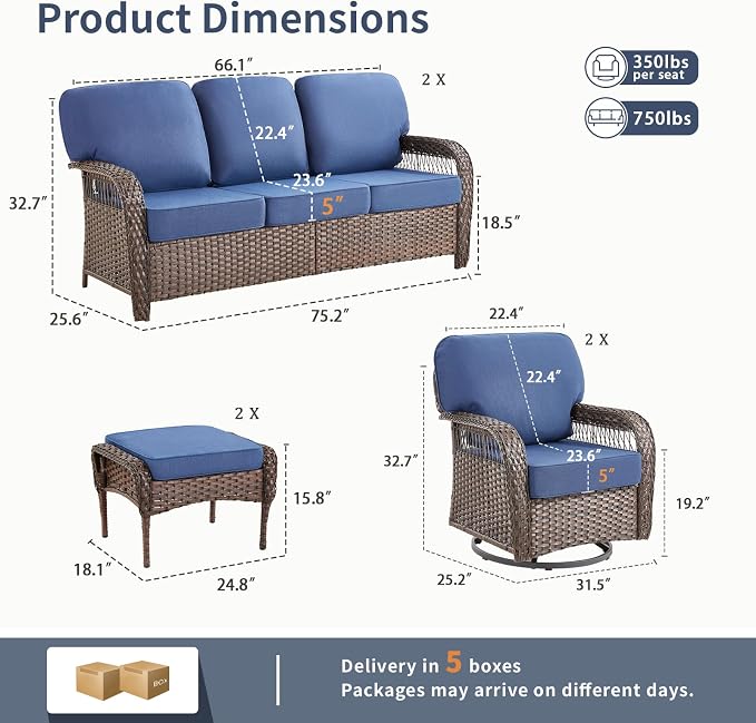 6 PCS Patio Furniture Set Outdoor Sectional Sofa Couch with Rocking Swivel Chairs 5" Deep Seat Chairs, 2 Sofa Sets Modern Wicker Rattan Conversation Set, Blue/Brown Wicker