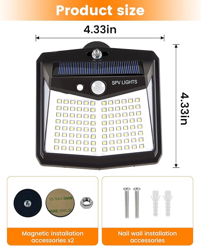 128LED Magnetic Solar Lights Outdoor, Bright Motion Sensor Outdoor Lights with Strong Magnets, Ip65 Waterproof Solar Lights for Chain Link Fence, Patio, Yard, Camper, RV(1Pack)